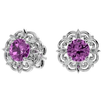 2 1/10 Carat Pink Topaz and Diamond Antique Stud Earrings In 14 Karat White Gold