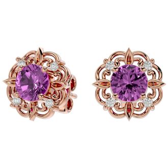 Pink Gemstones 2 1/10 Carat Pink Topaz and Diamond Antique Stud Earrings In 14 Karat Rose Gold