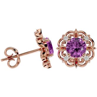 Pink Gemstones 2 1/10 Carat Pink Topaz and Diamond Antique Stud Earrings In 14 Karat Rose Gold