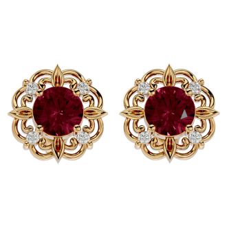 Garnet Earrings: Garnet Jewelry: 2 1/10 Carat Garnet and Diamond Antique Stud Earrings In 14 Karat Yellow Gold