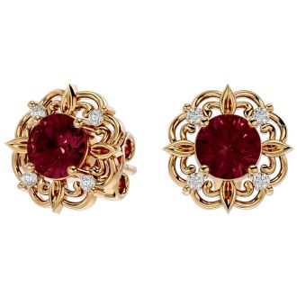Garnet Earrings: Garnet Jewelry: 2 1/10 Carat Garnet and Diamond Antique Stud Earrings In 14 Karat Yellow Gold