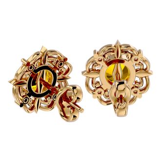 1 1/2 Carat Citrine and Diamond Antique Stud Earrings In 14 Karat Yellow Gold
