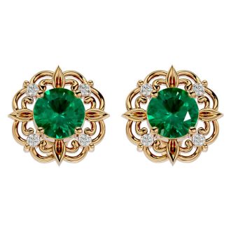 1 3/4 Carat Emerald and Diamond Antique Stud Earrings In 14 Karat Yellow Gold