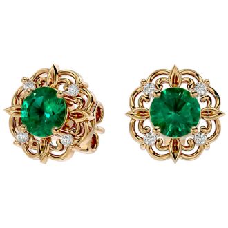 1 3/4 Carat Emerald and Diamond Antique Stud Earrings In 14 Karat Yellow Gold