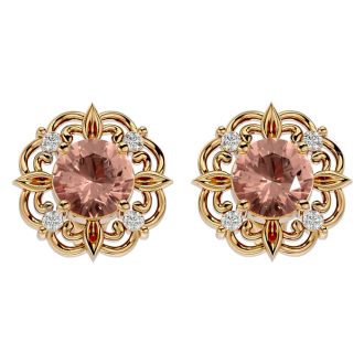 1-3/4 Carat Round Shape Morganite Earrings with Diamond Antique Design Studs In 14 Karat Yellow Gold