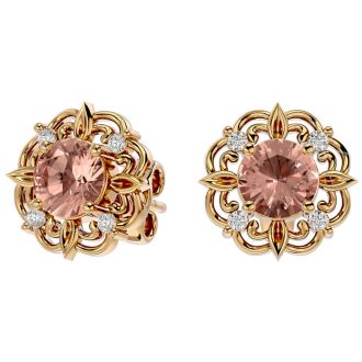 1-3/4 Carat Round Shape Morganite Earrings with Diamond Antique Design Studs In 14 Karat Yellow Gold