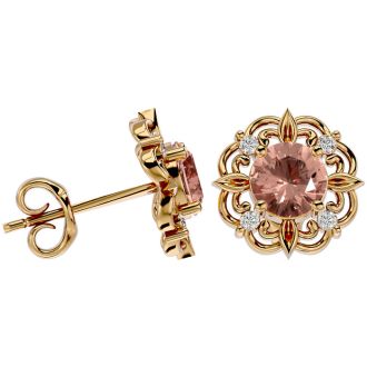 1-3/4 Carat Round Shape Morganite Earrings with Diamond Antique Design Studs In 14 Karat Yellow Gold