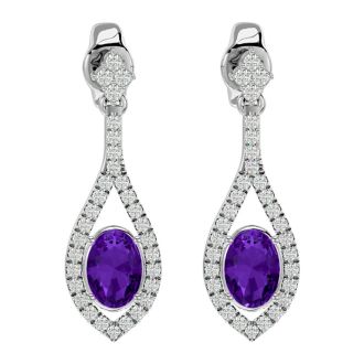 2 Carat Oval Shape Amethyst and Diamond Dangle Earrings In 14 Karat White Gold