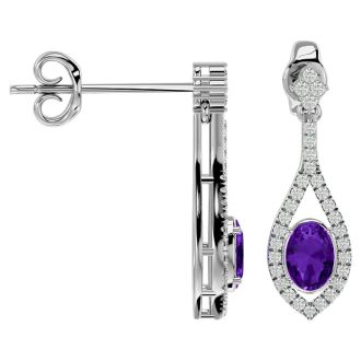 2 Carat Oval Shape Amethyst and Diamond Dangle Earrings In 14 Karat White Gold