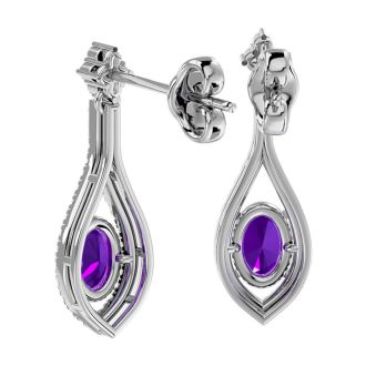 2 Carat Oval Shape Amethyst and Diamond Dangle Earrings In 14 Karat White Gold