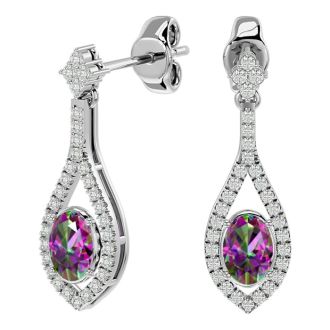 2 Carat Oval Shape Mystic Topaz and Diamond Dangle Earrings In 14 Karat White Gold