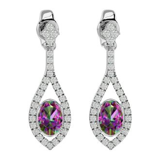 2 Carat Oval Shape Mystic Topaz and Diamond Dangle Earrings In 14 Karat White Gold