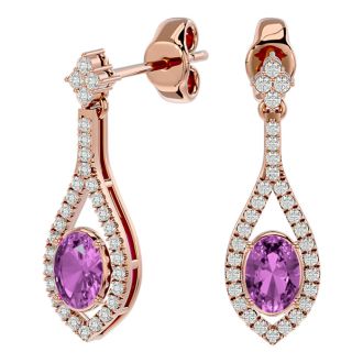 Pink Gemstones 2 1/2 Carat Oval Shape Pink Topaz and Diamond Dangle Earrings In 14 Karat Rose Gold