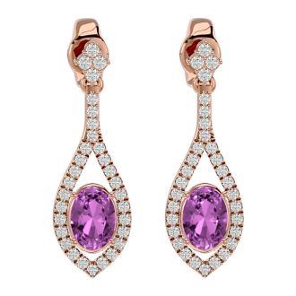 Pink Gemstones 2 1/2 Carat Oval Shape Pink Topaz and Diamond Dangle Earrings In 14 Karat Rose Gold