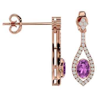 Pink Gemstones 2 1/2 Carat Oval Shape Pink Topaz and Diamond Dangle Earrings In 14 Karat Rose Gold
