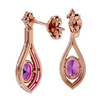 Pink Gemstones 2 1/2 Carat Oval Shape Pink Topaz and Diamond Dangle Earrings In 14 Karat Rose Gold