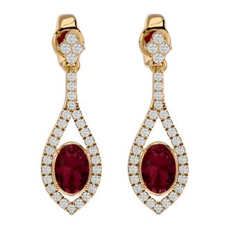 Garnet Earrings: Garnet Jewelry: 2 1/2 Carat Oval Shape Garnet and Diamond Dangle Earrings In 14 Karat Yellow Gold