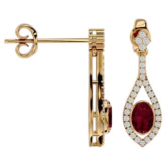 Garnet Earrings: Garnet Jewelry: 2 1/2 Carat Oval Shape Garnet and Diamond Dangle Earrings In 14 Karat Yellow Gold