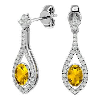 2 Carat Oval Shape Citrine and Diamond Dangle Earrings In 14 Karat White Gold