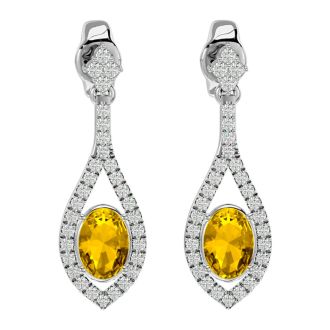 2 Carat Oval Shape Citrine and Diamond Dangle Earrings In 14 Karat White Gold