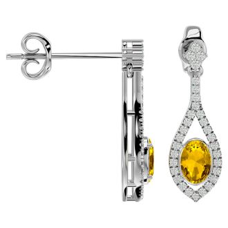 2 Carat Oval Shape Citrine and Diamond Dangle Earrings In 14 Karat White Gold