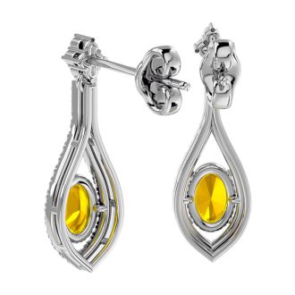 2 Carat Oval Shape Citrine and Diamond Dangle Earrings In 14 Karat White Gold