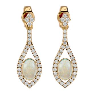2 Carat Oval Shape Opal and Diamond Dangle Earrings In 14 Karat Yellow Gold