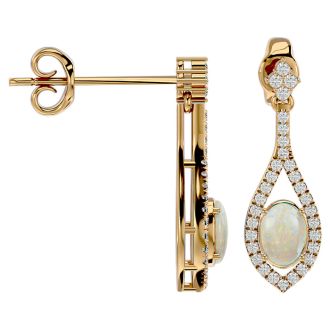 2 Carat Oval Shape Opal and Diamond Dangle Earrings In 14 Karat Yellow Gold