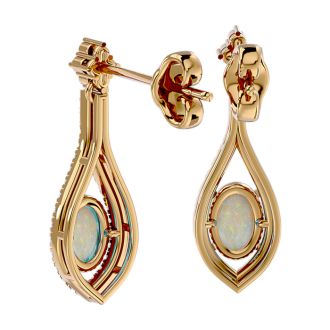 2 Carat Oval Shape Opal and Diamond Dangle Earrings In 14 Karat Yellow Gold