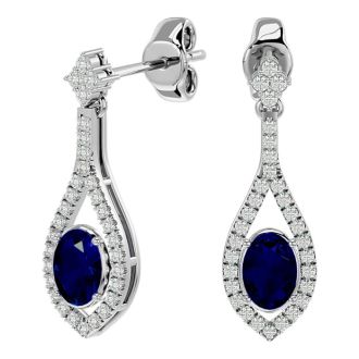 2 1/2 Carat Oval Shape Sapphire and Diamond Dangle Earrings In 14 Karat White Gold