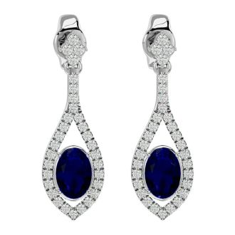 2 1/2 Carat Oval Shape Sapphire and Diamond Dangle Earrings In 14 Karat White Gold