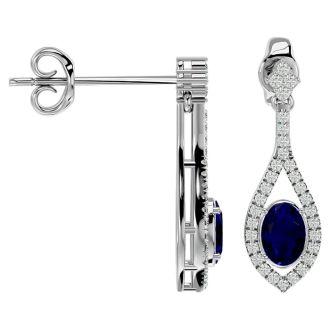 2 1/2 Carat Oval Shape Sapphire and Diamond Dangle Earrings In 14 Karat White Gold
