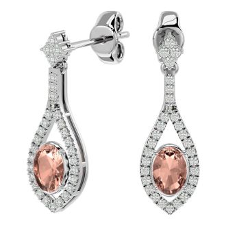 2 Carat Oval Shape Morganite Earrings and Diamond Dangles In 14 Karat White Gold