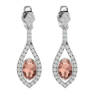 2 Carat Oval Shape Morganite Earrings and Diamond Dangles In 14 Karat White Gold