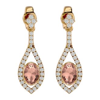 2 Carat Oval Shape Morganite Earrings and Diamond Dangles In 14 Karat Yellow Gold