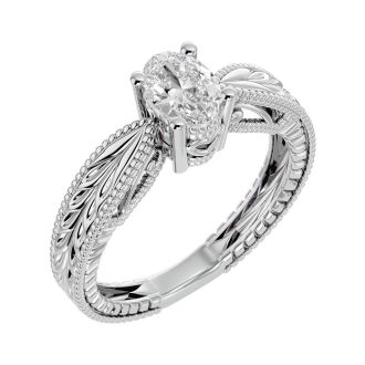 3/4 Carat Oval Shape Diamond Solitaire Engagement Ring with Tapered Etched Band In 14 Karat White Gold