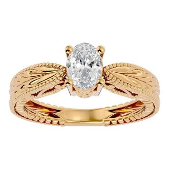 3/4 Carat Oval Shape Diamond Solitaire Engagement Ring with Tapered Etched Band In 14 Karat Yellow Gold