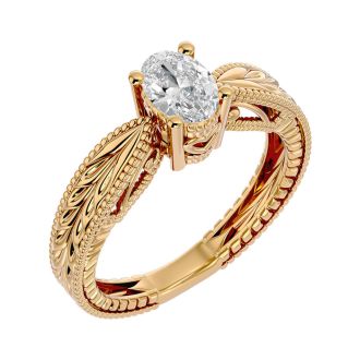 3/4 Carat Oval Shape Diamond Solitaire Engagement Ring with Tapered Etched Band In 14 Karat Yellow Gold