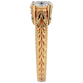 3/4 Carat Oval Shape Diamond Solitaire Engagement Ring with Tapered Etched Band In 14 Karat Yellow Gold