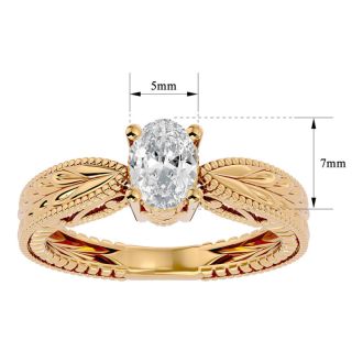 3/4 Carat Oval Shape Diamond Solitaire Engagement Ring with Tapered Etched Band In 14 Karat Yellow Gold