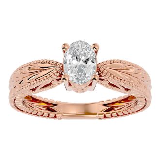 3/4 Carat Oval Shape Diamond Solitaire Engagement Ring with Tapered Etched Band In 14 Karat Rose Gold