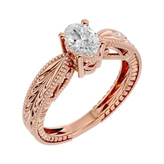 3/4 Carat Oval Shape Diamond Solitaire Engagement Ring with Tapered Etched Band In 14 Karat Rose Gold