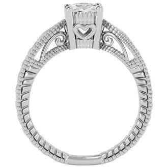 Moissanite Engagement Ring; 1 Carat Oval Shape Moissanite Solitaire Engagement Ring with Tapered Etched Band In 14 Karat White Gold