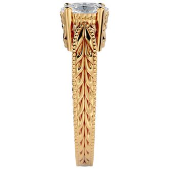 Moissanite Engagement Ring; 1 Carat Oval Shape Moissanite Solitaire Engagement Ring with Tapered Etched Band In 14 Karat Yellow Gold