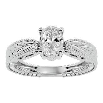 1 Carat Oval Shape Diamond Solitaire Engagement Ring with Tapered Etched Band In 14 Karat White Gold