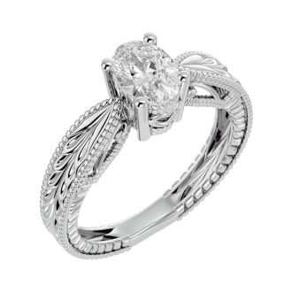 1 Carat Oval Shape Diamond Solitaire Engagement Ring with Tapered Etched Band In 14 Karat White Gold