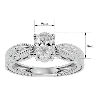 1 Carat Oval Shape Diamond Solitaire Engagement Ring with Tapered Etched Band In 14 Karat White Gold