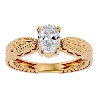 1 Carat Oval Shape Diamond Solitaire Engagement Ring with Tapered Etched Band In 14 Karat Yellow Gold