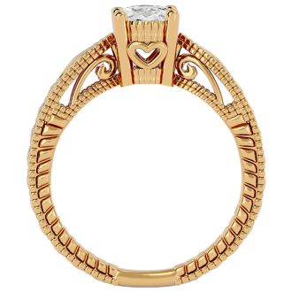 1 Carat Oval Shape Diamond Solitaire Engagement Ring with Tapered Etched Band In 14 Karat Yellow Gold