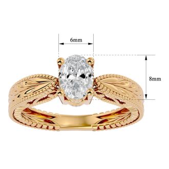 1 Carat Oval Shape Diamond Solitaire Engagement Ring with Tapered Etched Band In 14 Karat Yellow Gold